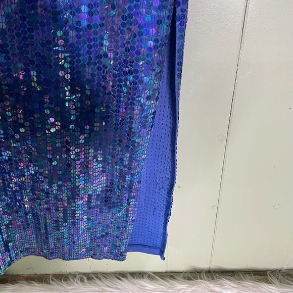 Vintage 90s Iridescent Blue Sequin Open Back Slit Dress by Robert Anthony Size 6 - Picture 3 of 9